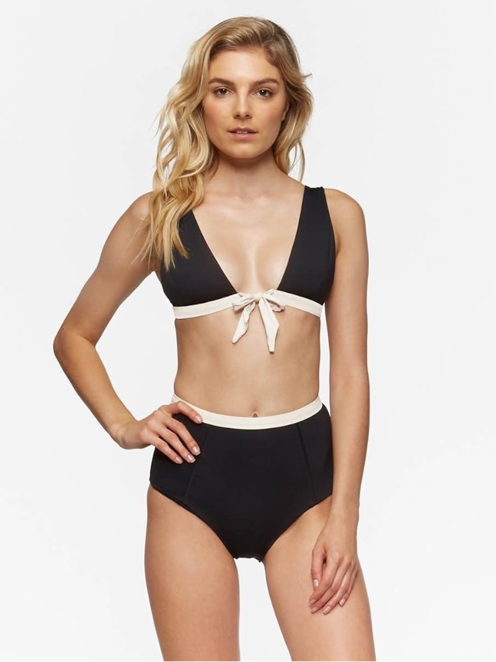 Tavik Black and Cream Tie-Front High-Waist Bikini